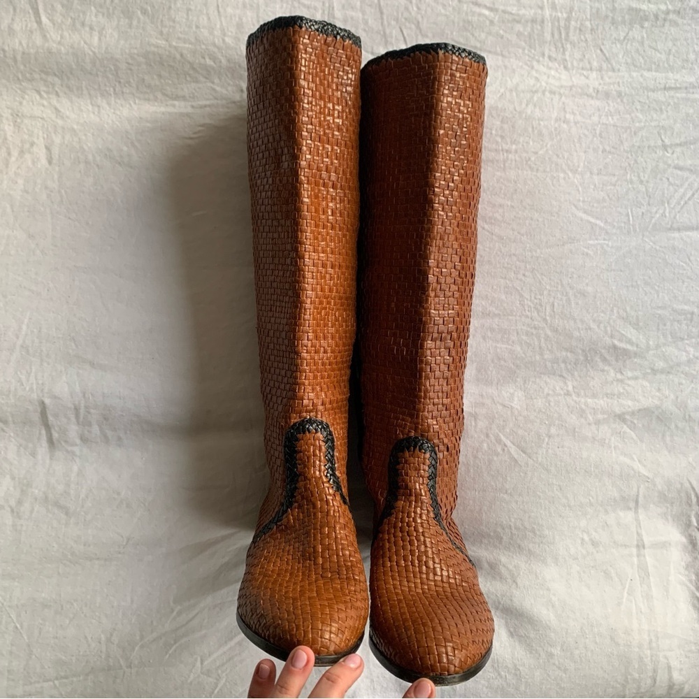 Vintage Prada Woven Leather Riding Knee High Pointy Toe Boots Brown Tan Black - Picture 2 of 10